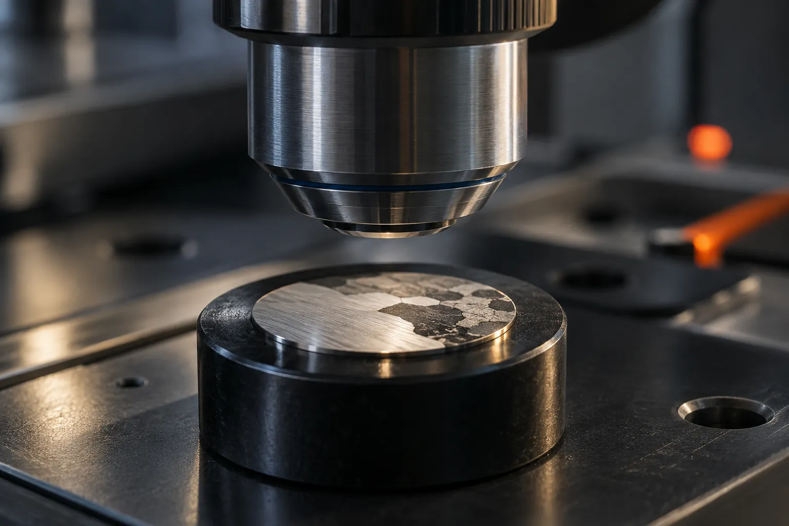 Microscope objective above a polished metal sample