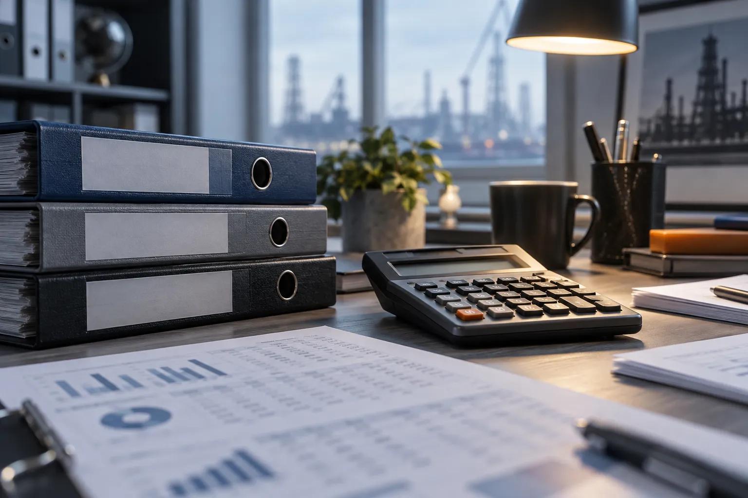 Ledger binders, a calculator and printed spreadsheets on a desk