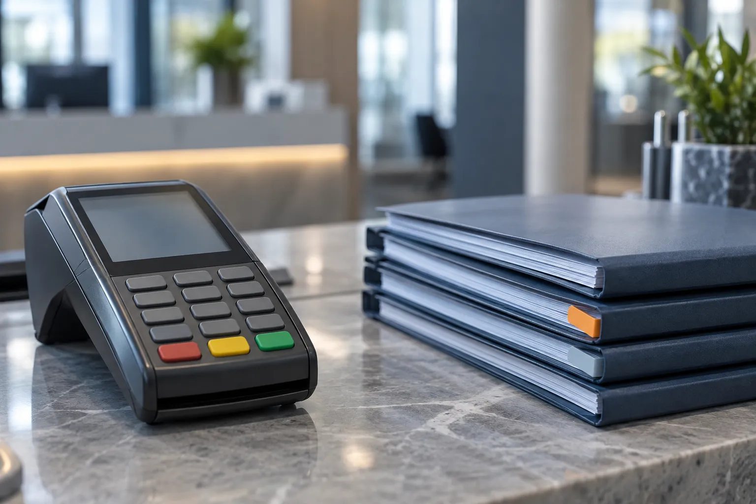 Card payment terminal beside stacked loan folders