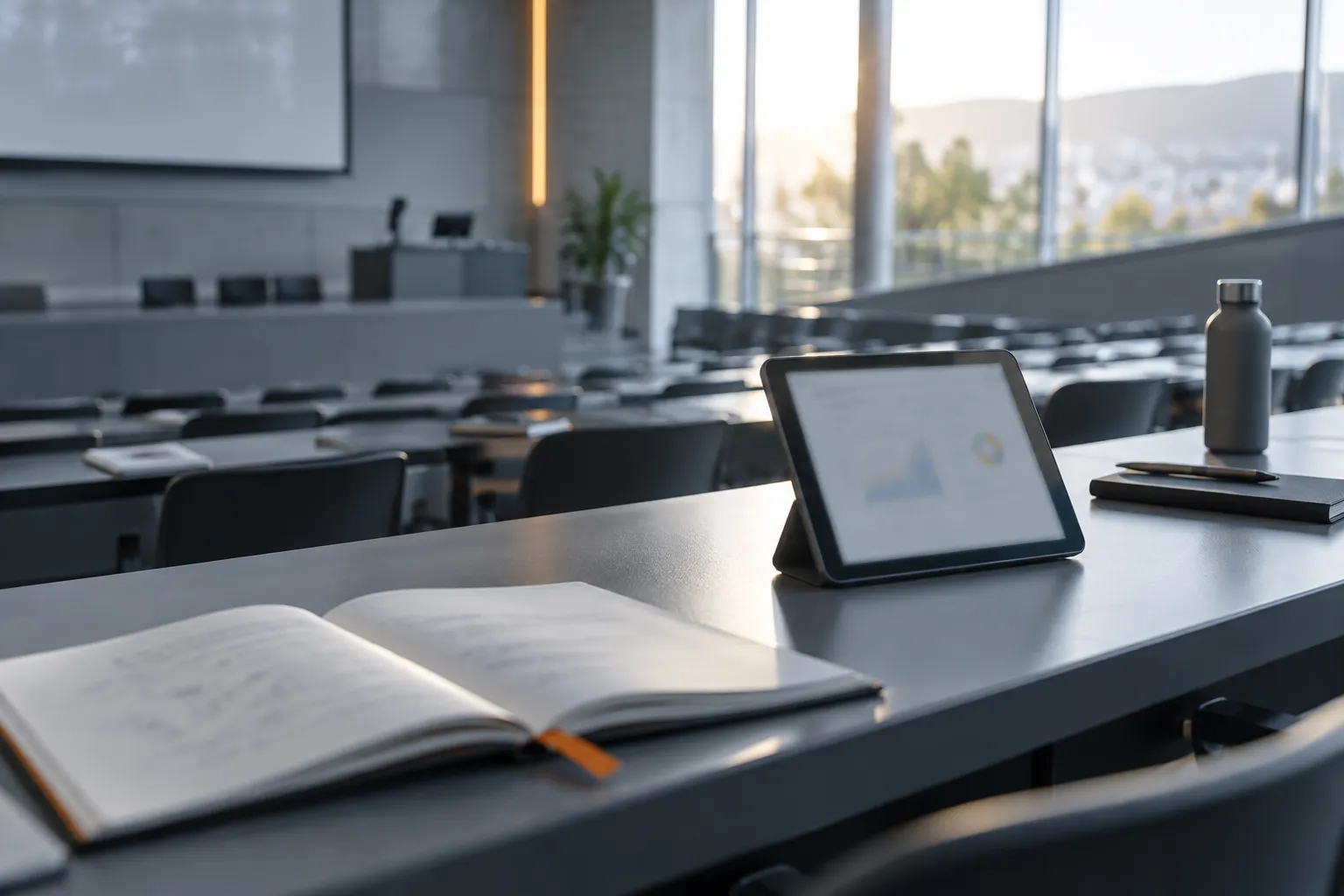 Empty lecture hall with notebooks and a tablet on the desks