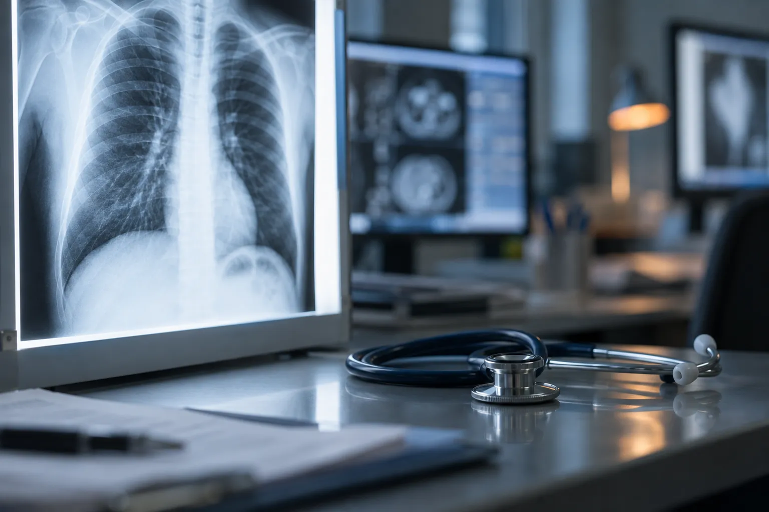 Chest X-ray on a lightbox beside a stethoscope