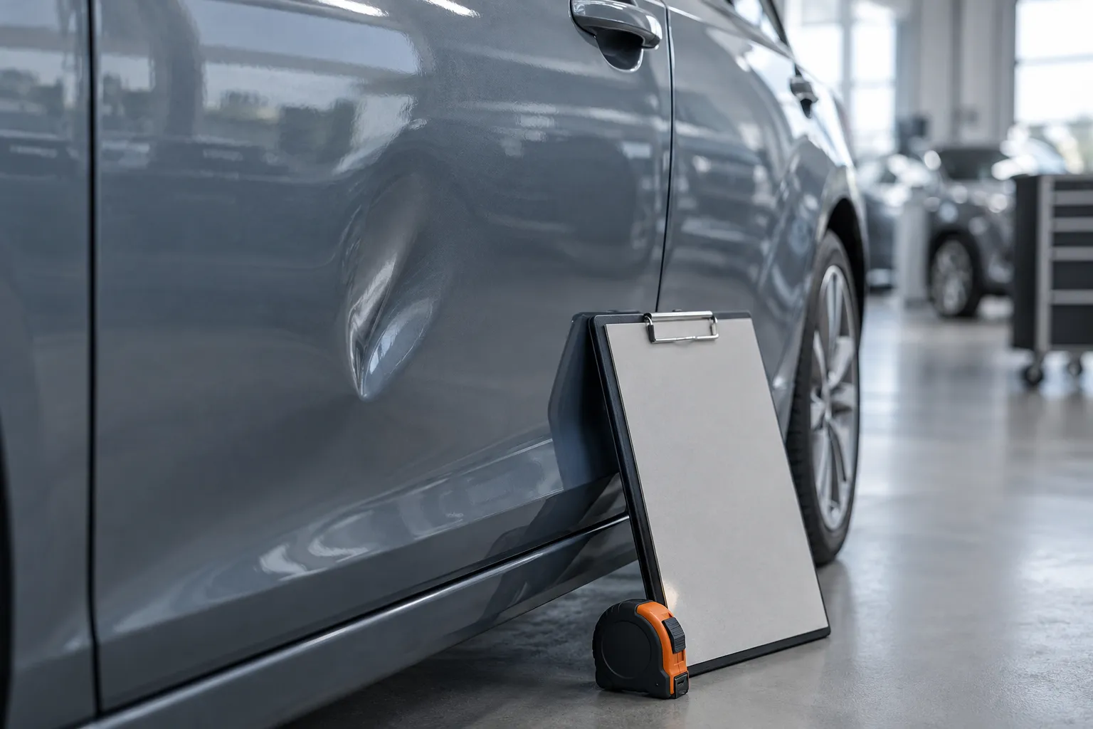 Dented car door with a tape measure and a clipboard