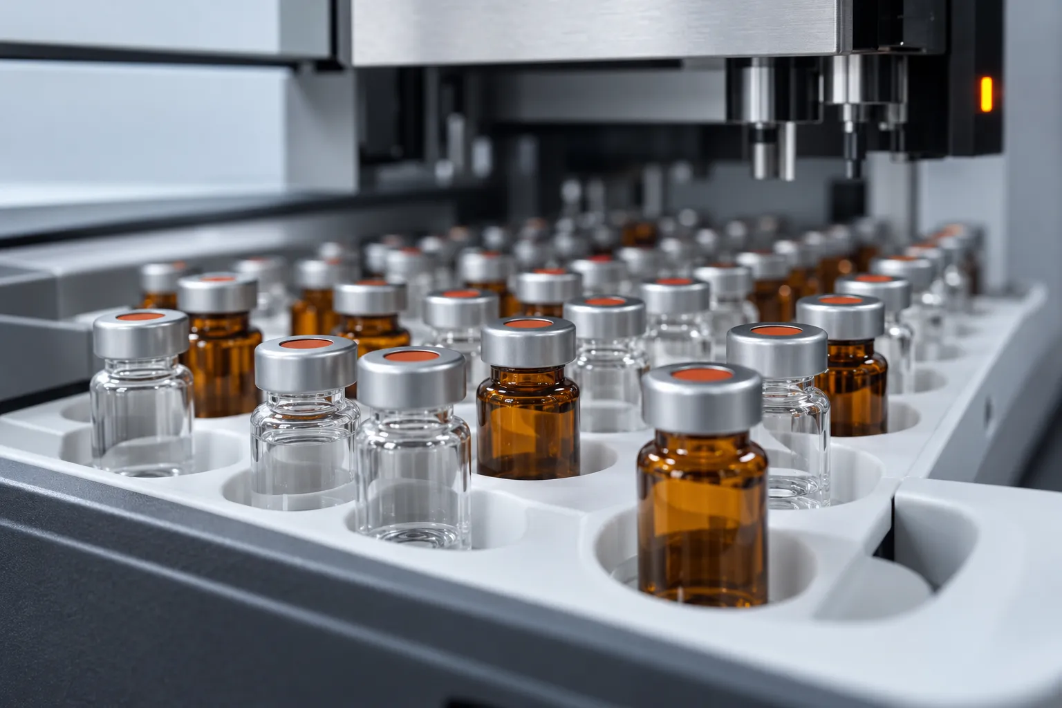 Rows of chromatography sample vials in an autosampler tray