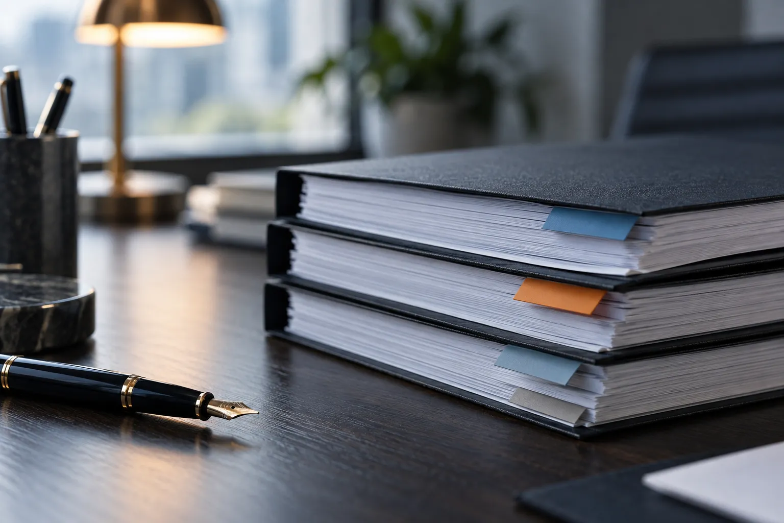 Bound contracts with index tabs beside a fountain pen