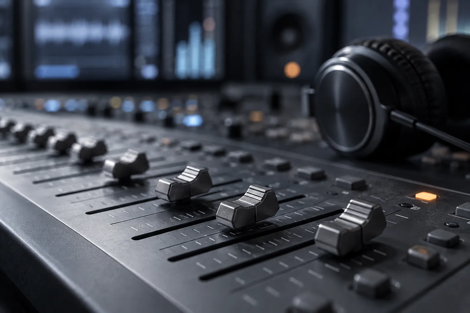 Broadcast mixing console faders beside headphones