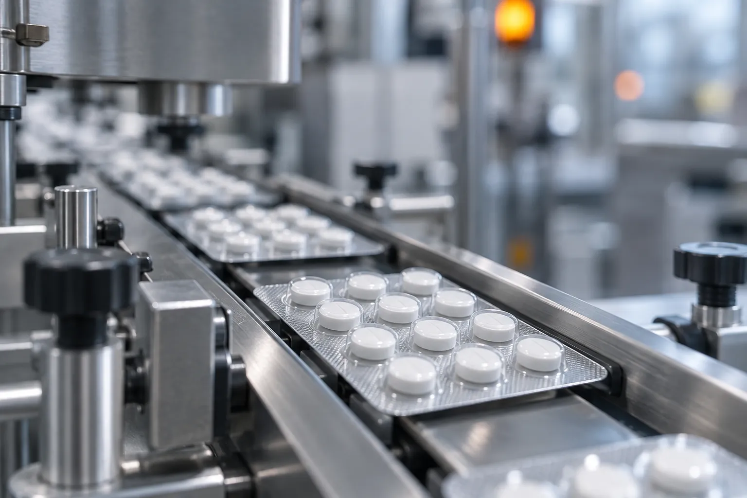 Tablets in blister packs moving along a packaging line
