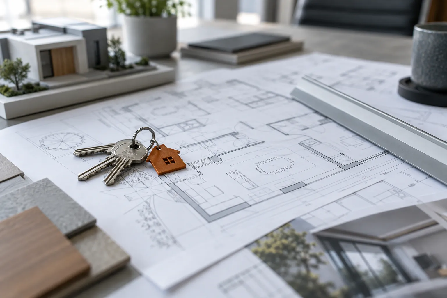 Floor plans with house keys and a scale ruler