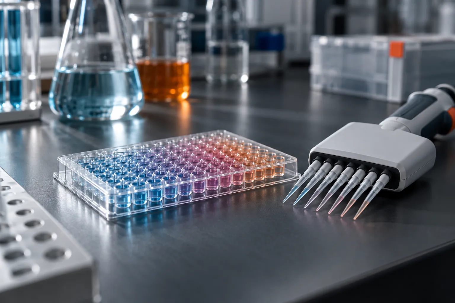 Multichannel pipette resting beside a 96-well microplate on a lab bench