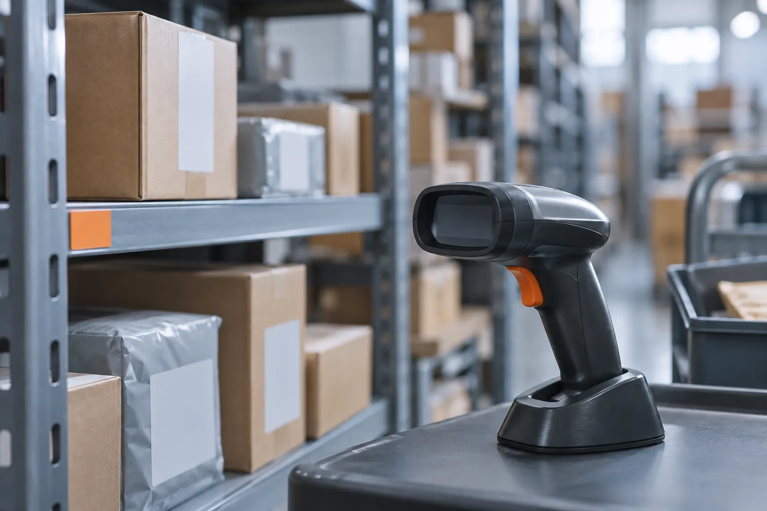 Parcels on a fulfillment shelf beside a barcode scanner
