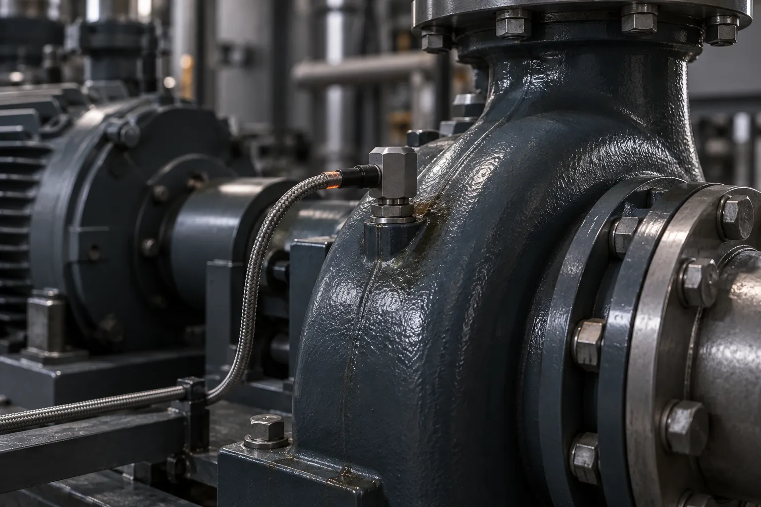 Vibration sensor mounted on an industrial pump housing