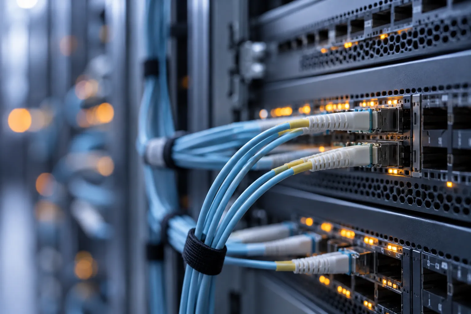 Fiber patch cables plugged into a network switch rack